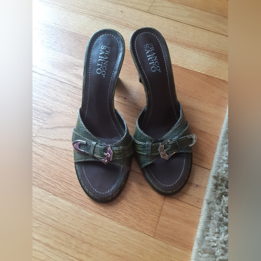 Franco Sarto Leather Olive Green Mules with Buckle Detail Slip In Size 7.5 M